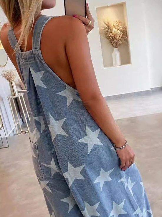 Chic Nation Pants - Effortless wide-leg overalls  with an all-over white star print. Light blue deni